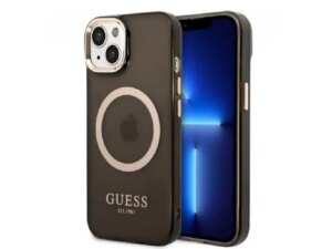 Guess Maska za iPhone 14 Plus Gold Outline Translucent Black MagSafe