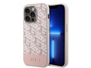 Guess Maska za iPhone 14 Pro GCUBE PU STRIPES Pink MagSafe