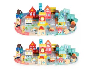 ECO TOYS Edukativne drvene kocke CITY SET sa podlogom 88kom