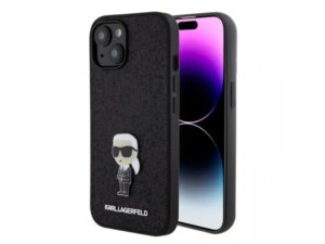 KARL LAGERFELD Maska za iPhone 15 IKONIK FIXED GLITTER IKONIK LOGO METAL PIN BLACK