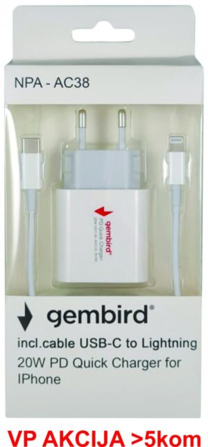 NPA-AC38 ** Gembird PD brzi punjac +USB C kabl na lightning iphone 20W 5V/3A, 9V/2.2A,12v/1.5A (719) 18