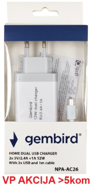 NPA-AC26 ** Gembird punjac za telefone i tablete 2x5v/24A+1A 12W +micro USB DATA kabl 1M (263) 18