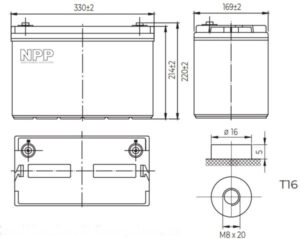 NPP NPG12V-100Ah, GEL BATTERY, C20=100AH, T16, 330x171x214x220, 27,3KG, Light grey 18