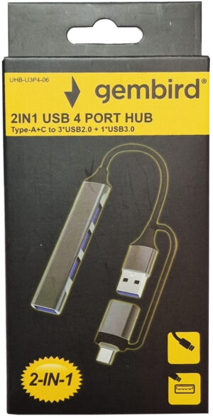 UHB-U3P4-06 Gembird HUB Type-A+C to 3*USB2.0 + 1*USB3.0 Aluminum