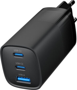 TA-UC-PDQC65-01-BK Gembird 3-port 65W GaN USB PowerDelivery fast charger, black