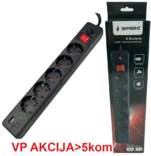 SPG5-B-6(3G1.5)**Gembird produzni kabl sa zastitom 5 uticnica, 5V/3.1A USB-A+C 16A/3500W 1.8m  Black