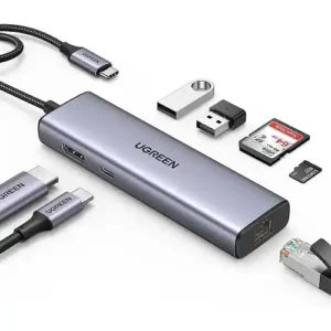 Adapter konverter Tip C 7/1 USB 3.0×2/Ethernet RJ45 /HDMI 4K 30HZ/PD 100W/SD/TF