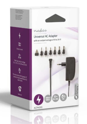 ACPA003 Universal AC Power Adapter 24W, 9-24V DC 1.80m 1.0-1.5A 6plug(s) Black