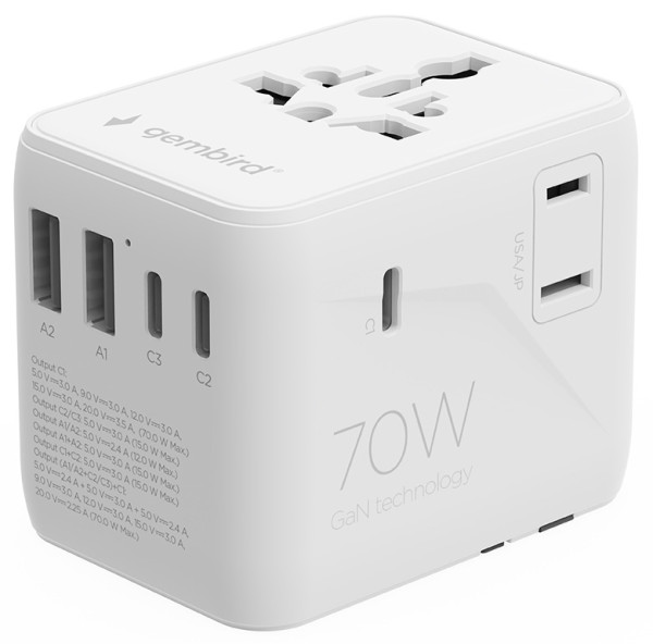 Travel adapter TPA-2A3C70-01-W Gembird Univerzalni 70W