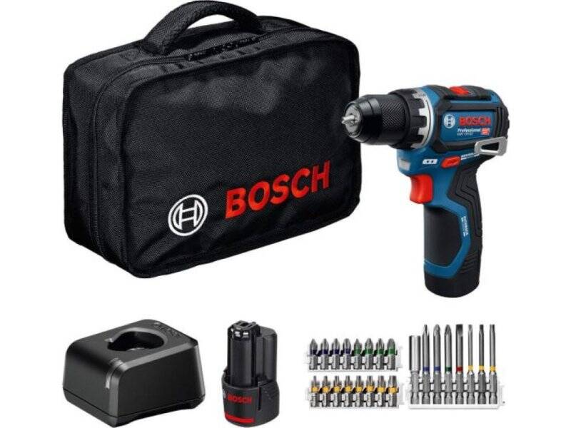 BOSCH plavi alat GSR 12V-32 akumulatorska bušilica – odvrtač, 2×2.0Ah, torba, set bitova, 06019N7006