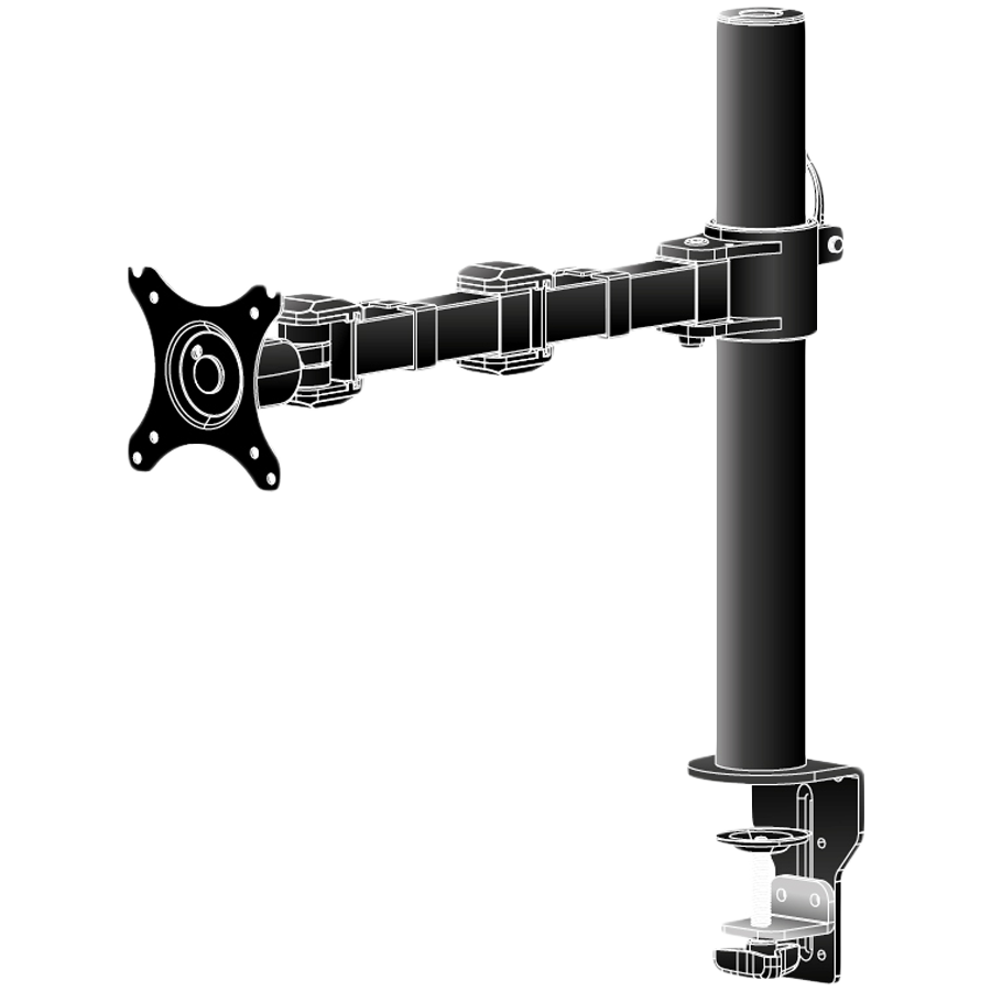 Flexible desk mount for single monitor. Desk mount with clamp or grommet. Monitor size 10~30′, VESA 75×75 or 100x100mm