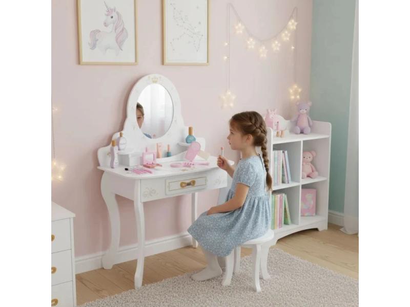 ECO TOYS Veliki drveni toaletni sto za decu sa ogledalom i roze dodacima, ECOTOYS