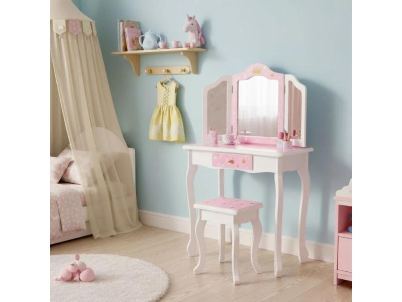 ECO TOYS Veliki deciji toaletni sto za devojcice sa trostrukim ogledalom, stolicom i fiokom, ECOTOYS