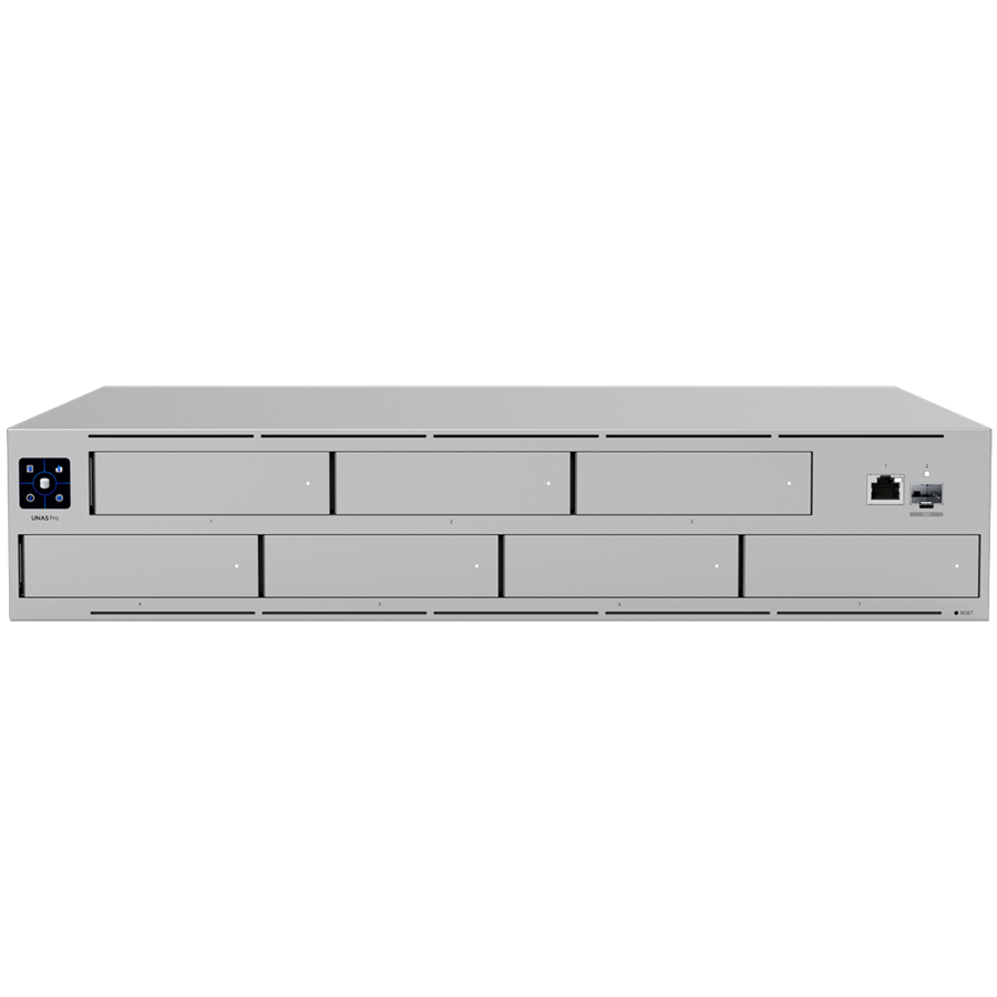 Ubiquiti UNAS-Pro-EU 2U rack-mount NAS with (7) 2.5/3.5′ drive bays and 10 Gbps performance designed for large-scale file storage and sharing, (7) 2.5/3.5′ HDD / SSD support