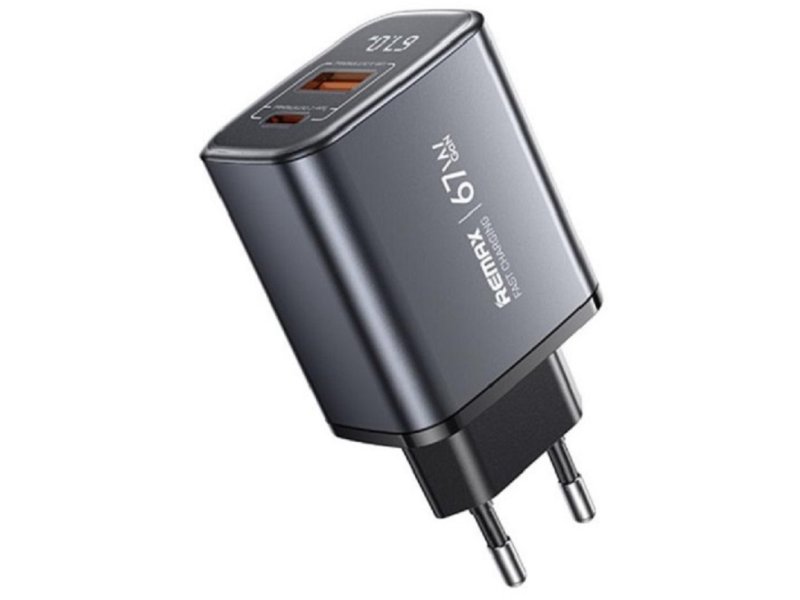 REMAX Strujni Fast punjač GaN 1xUSB 3.0 + 1xUSB-C 67W crni