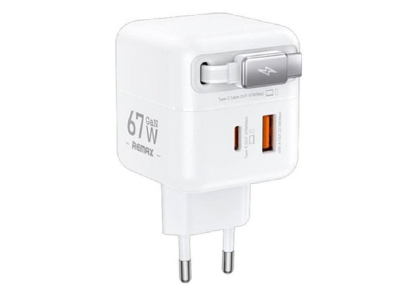 REMAX Strujni Fast teleskopski punjač Dolly GaN 1xUSB 3.0 + 1xUSB-C 67W beli