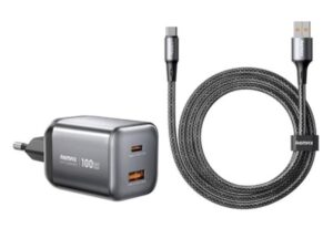 REMAX Set: Strujni punjač Wisdom GaN 1xUSB 3.0+1xUSB-C 100W + USB-C kabl CA-15, crni