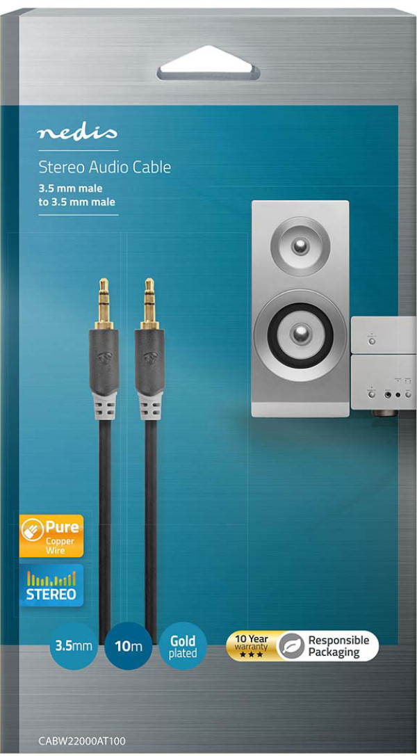 CABW22000AT100, Stereo audio kabl, 3,5 mm muški, Pozlaceni, 10,0 m, Antracit