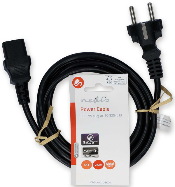 CEGL10030BK20, Kabl za napajanje, Utikaè sa uzemljenjem muški, IEC-320-C13, Niklovani, 2,00 m, PVC
