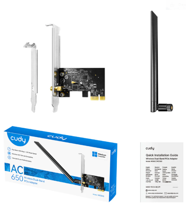 Cudy WE650,AC650  Bezicni PCI-E adapter sa dva opsega, 433 Mbps + 200 Mbps ,Dual-Band Wi-Fi 5