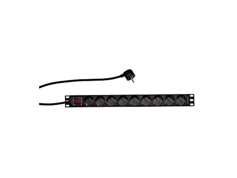 SCHRACK 19” Nap. panel 9xSCHUKO+On/Off, 1HU, ALU, kabl 2m, crn ALU profil