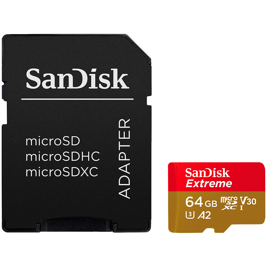 SANDISK Extreme microSDXC 64GB + SD Adapter + 1 year RescuePRO Deluxe up to 170MB/s & 80MB/s Read/Write speeds A2 C10 V30 UHS-I U3