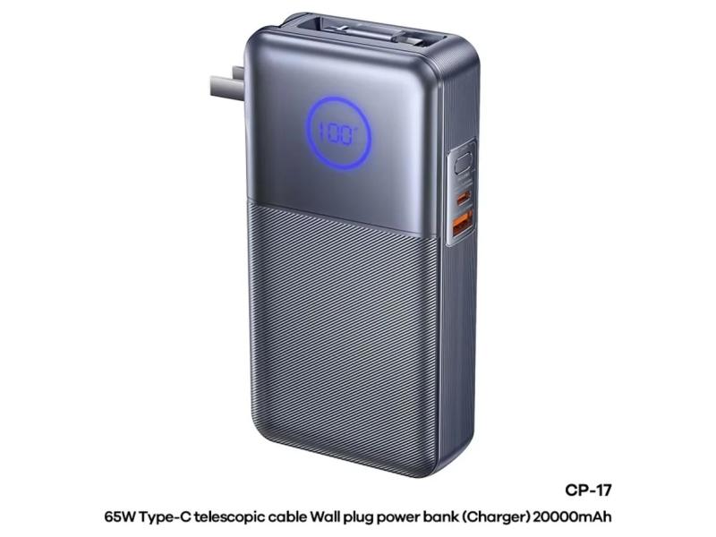 REMAX CP-17 65W sa teleskopskim kablom USB-C 20000mAh Powerbank sivi