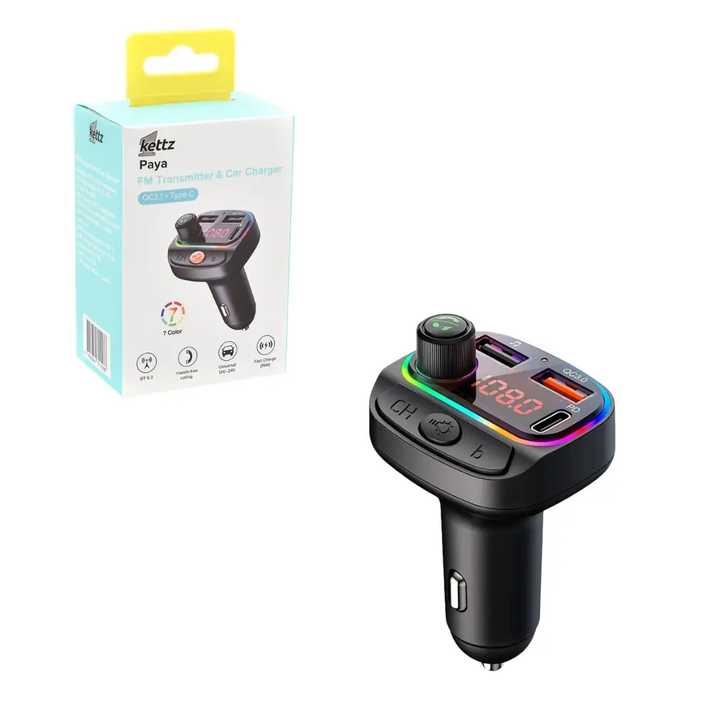 Kettz FM Transmiter i Punjač Paya – 2×USB QC3.1 + Type-C, LED