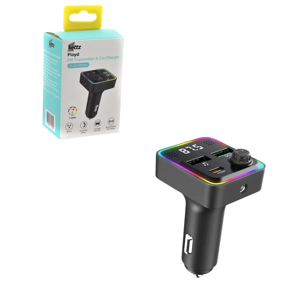 Kettz FM Transmiter i Punjač Floyd – 2×USB QC3.0 + Type-C PD30W, LED
