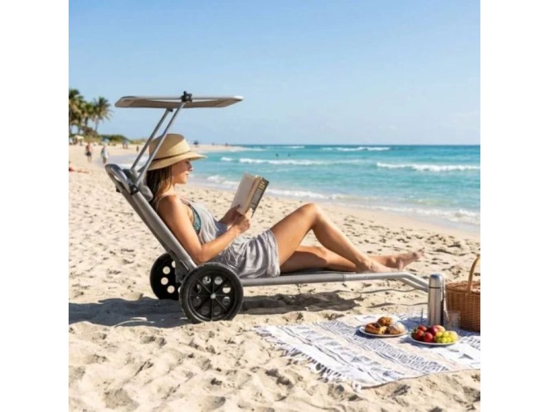 Bolzz Sklopiva ležaljka za plažu sa točkovima i tendom – Grey MultiGarden