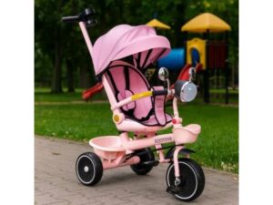ECO TOYS Tricikl za decu sa rotirajućim sedištem, gurajućim rukohvatom i tendom pink
