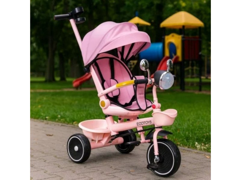 ECO TOYS Tricikl za decu sa rotirajućim sedištem, gurajućim rukohvatom i tendom pink