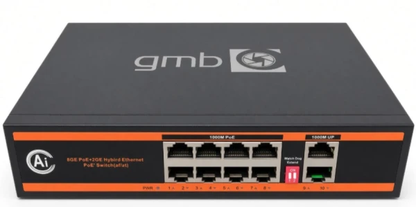 GMB POE GS1010P Switch,IEEE802.3af/at, 8 PoE 100/1000M, 2 UP-Link 100/1000M, 52V 120W, Support watch