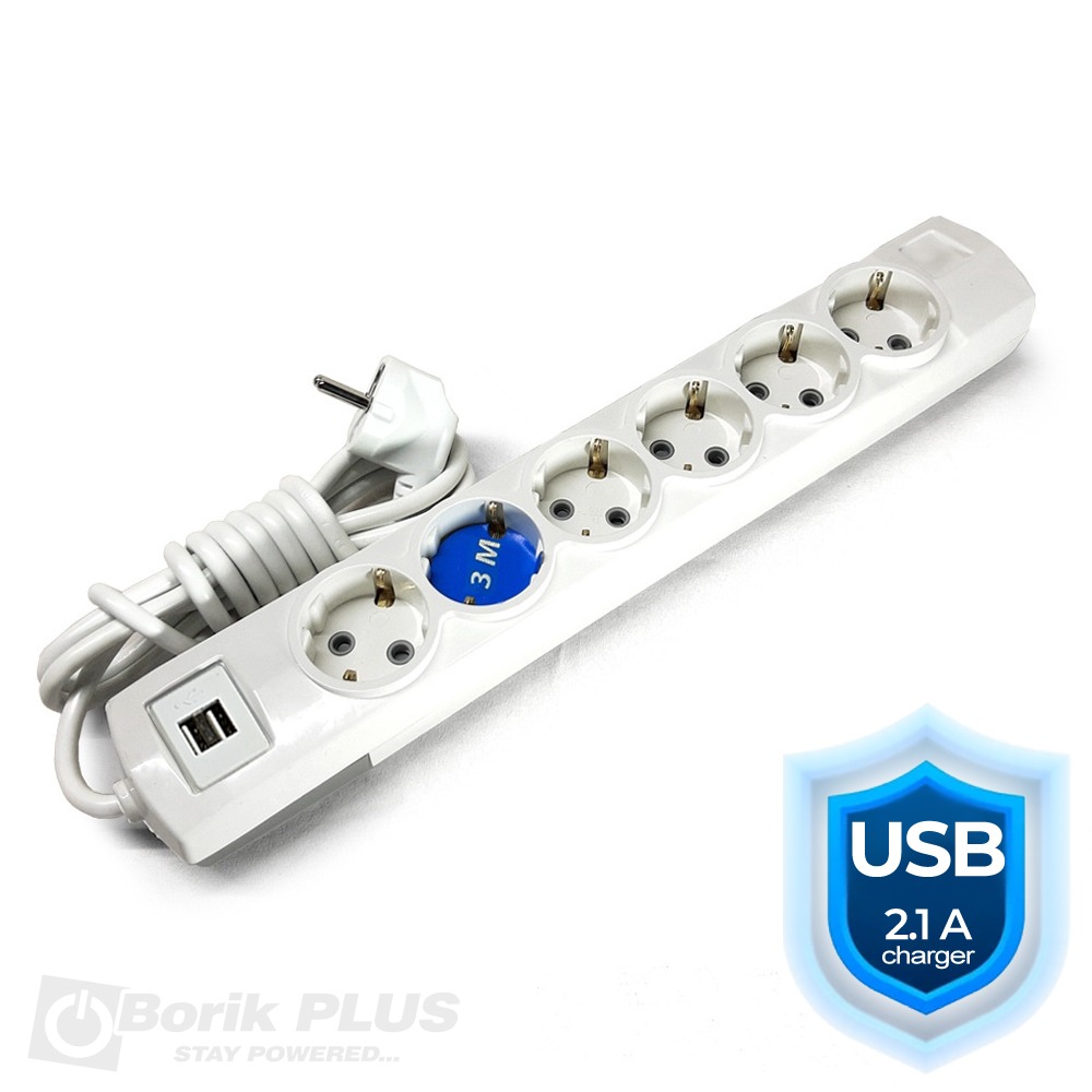 Produžni kabl 3m sa 6 utičnica i USB BELI