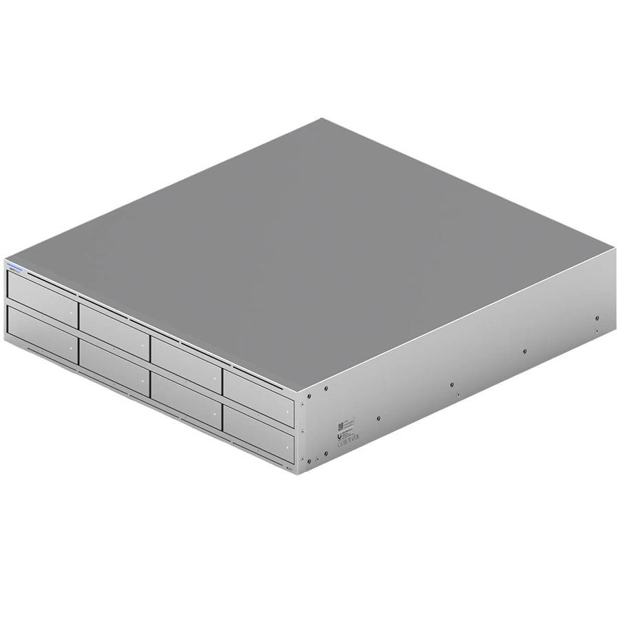 Ubiquiti UNAS-Pro-8-EU 2U rack-mount NAS with (8) 2.5/3.5′ HDD bays and (2) M.2 NVMe SSD cache slots, delivering faster access