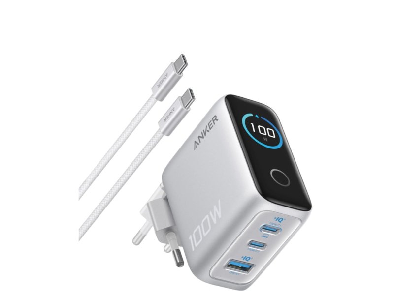 ANKER 100W GaN zidni brzi punjač, 3-porta (2x USB-C i 1x USB-A) sa USB-C M/M pletenim kablom, srebrni